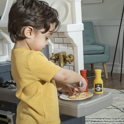 Step2 Gilded Gourmet Kitchen Playset for Kids, Indoor/Outdoor Play Kitchen Set, Toddlers 2+ Years Old, 20+ Piece Kitchen Toy Set, Easy to Assemble, White, Blue, Gray