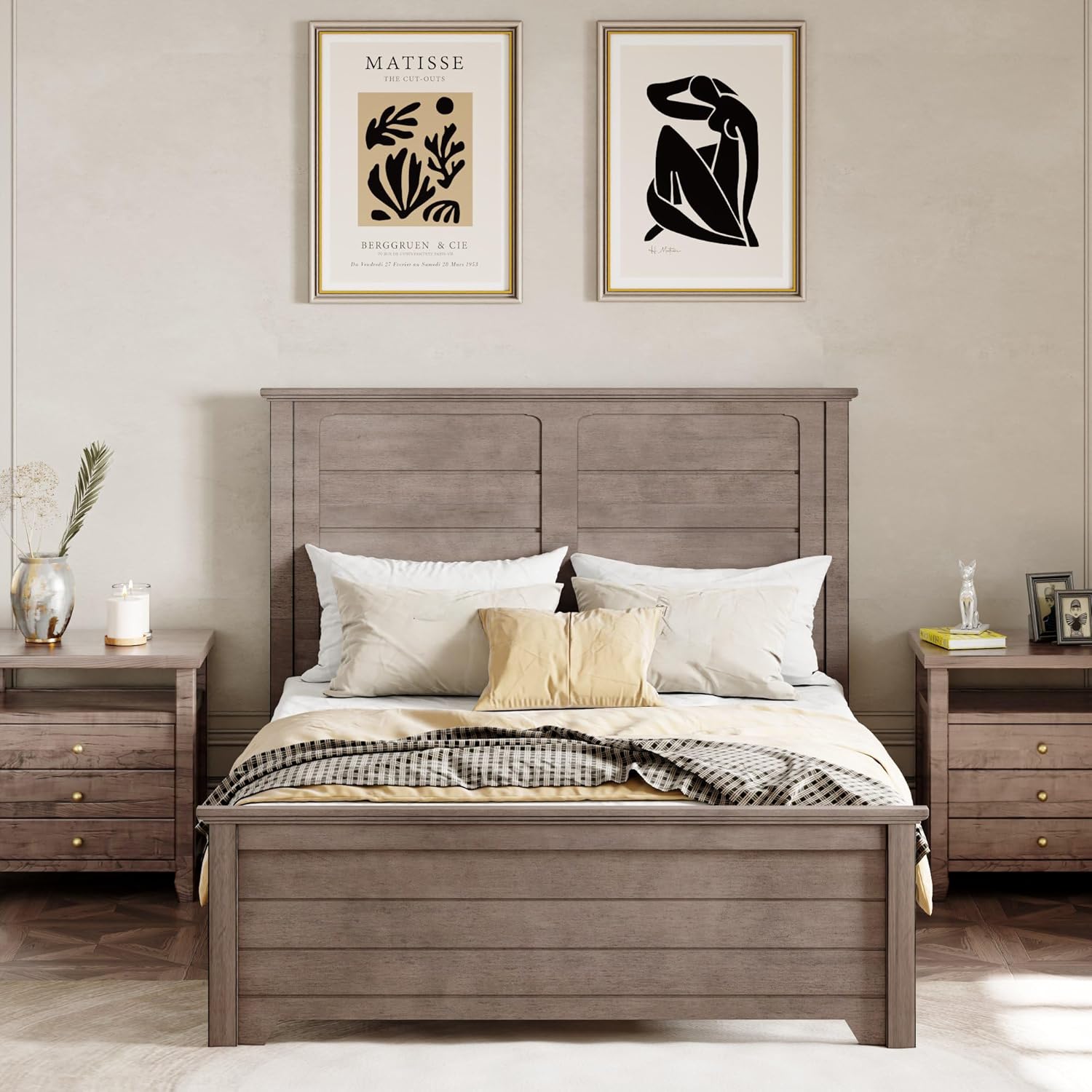Farmhouse Style Full Size Platform Bed with Panel Design High Headboard and Footboard,Wood Bed Frame with Wood Slats Support,No Box Spring Needed, Easy Assembly