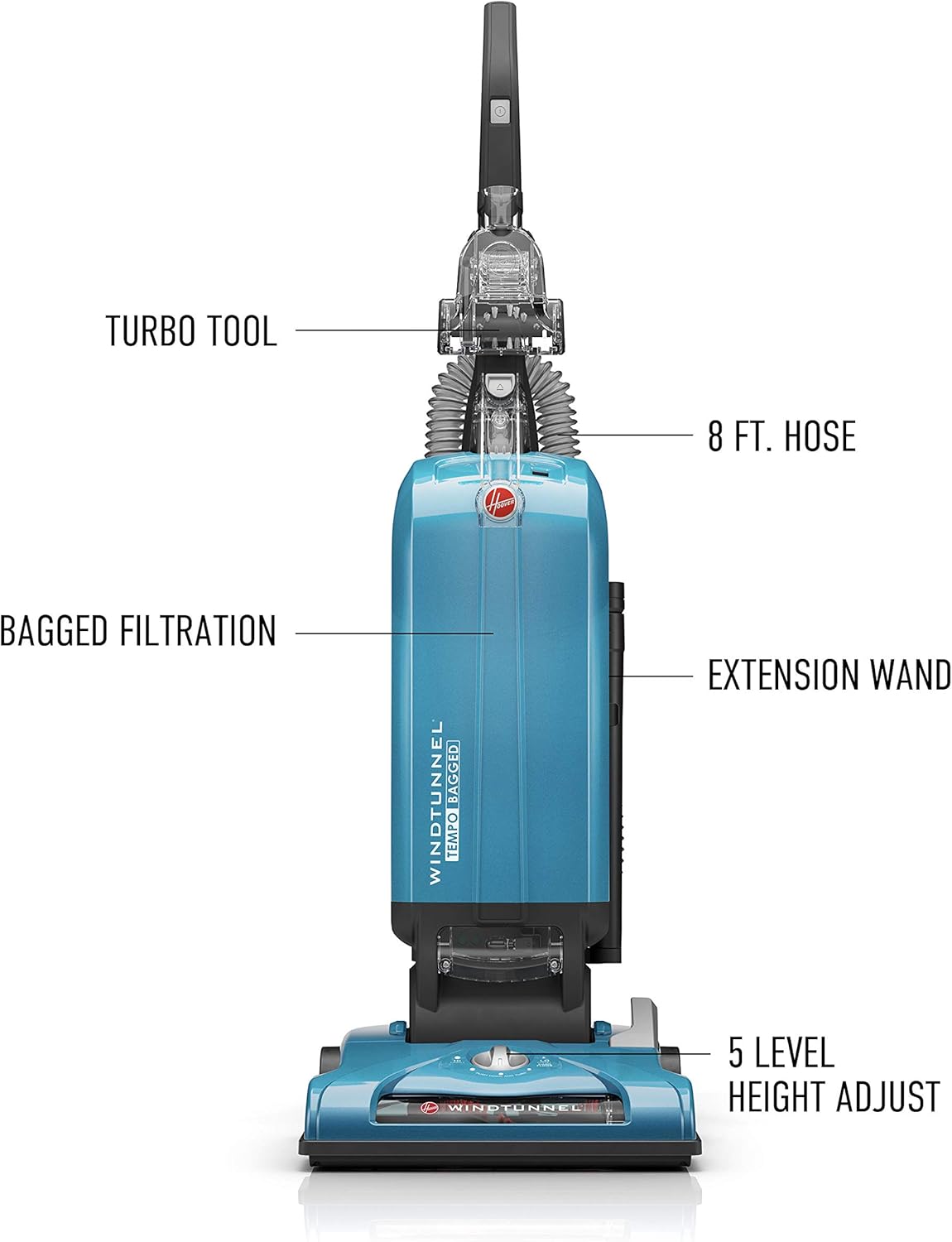 Hoover WindTunnel T-Series Tempo Bagged Upright Vacuum Cleaner with HEPA Media Filter, For Carpet and Hard Floor, UH30301, Blue
