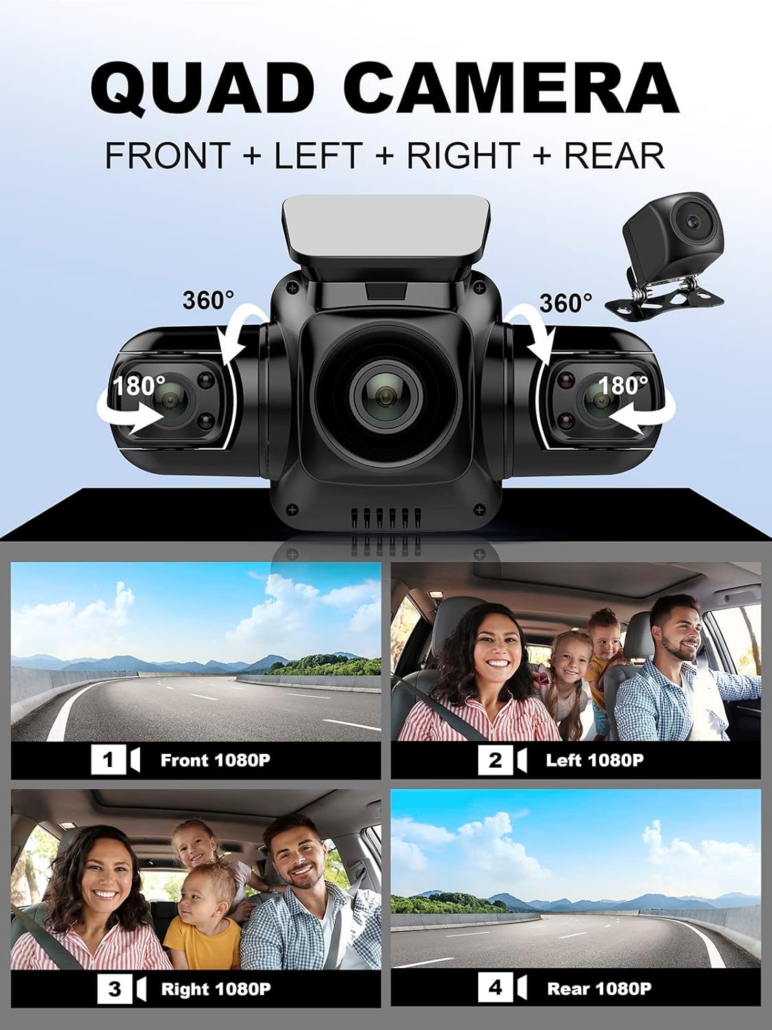 4 Channel Dash Cam Front and Rear Inside Left Right FHD 1080P Dash Camera for Cars, Built-in WiFi, Free 64GB Card