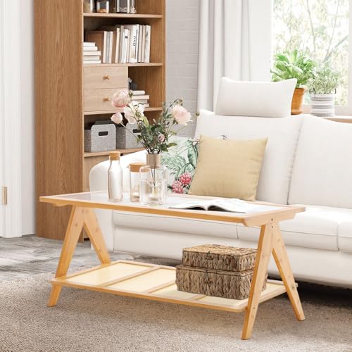 2-Tier Rattan Glass Coffee Table, Boho Bamboo Coffee Table with Glass Top & ABS Rattan Storage Shelf, Mid Century Modern Center Rectangle Coffee Table for Living Room, Small Space, Natural