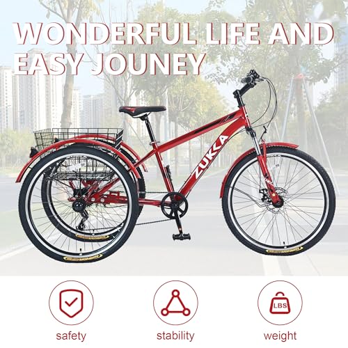 Complete Cruiser Bikes Adult Tricycle Bike,7-Speed Mountain Tricycle,26-Inch 3 Wheels,Comfortable Widen Saddle,Rear Integrated Shopping Basket