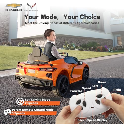 Licensed Chevrolet Corvette C8 12V Kids Electric Car Ride on Car with Remote Control Battery Powered Sports Car, 3 Speeds, Bluetooth, Shiny Dashboard, MP3 & LED Head Lights