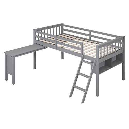 Wooden Full Size Low Loft Bed with Rolling Portable Desk and Chair,4 Cabinets，Blackboard and Slides,for Kids Boys Girls Teens Bedroom Use (White@z, Full)