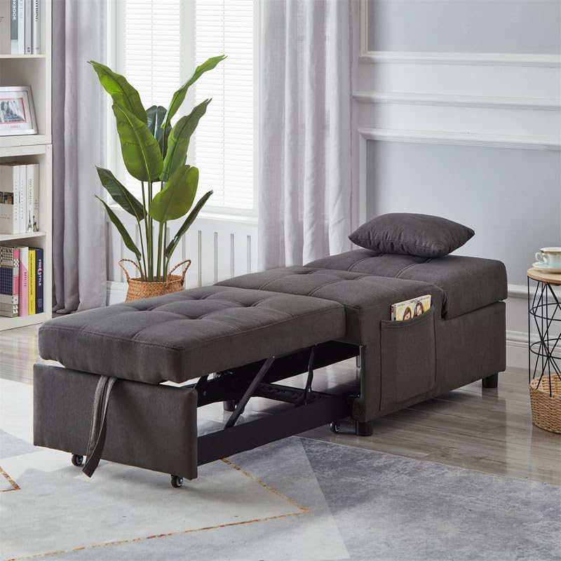 Convertible Chair Bed, 3 in 1 Convertible Sofa Bed Sleeper Sofa with Adjustable Backrest, Built-in Pull Out Handle and Side Pocket, Sofa Bed Couch Sleeper Chair for Living Room, Black
