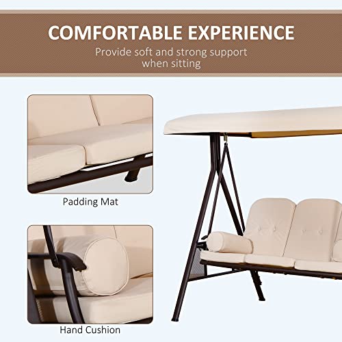 Outsunny 3-Seat Patio Swing Chair, Outdoor Porch Swing Glider with Adjustable Canopy, Removable Cushion, Pillows and Side Trays, for Garden, Poolside, Backyard, Brown