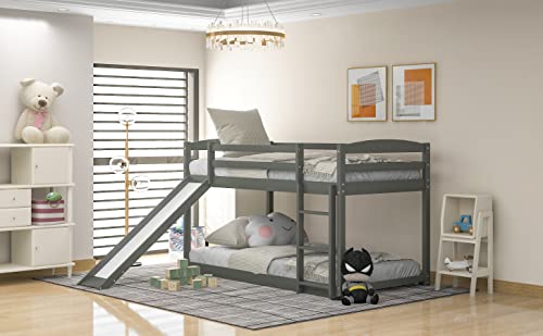 Twin Over Twin Bunk Bed with Convertible Slide and Ladder,Solid Pinewood Bed Frame, Low Bunk Bed with Safety Guardrails, Suitable for Kids Teen, No Box Spring Needed, White
