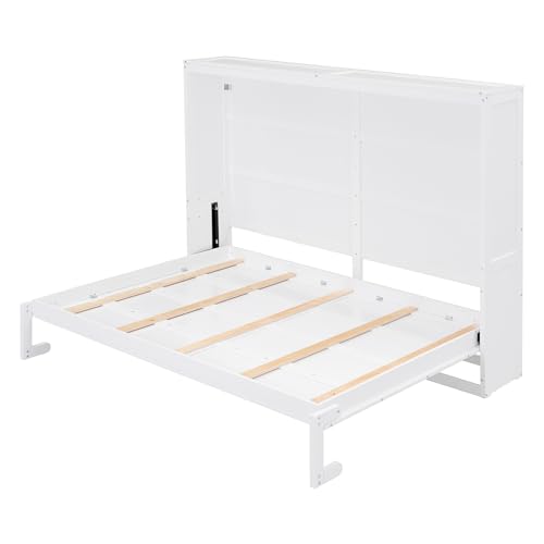 MERITLINE Queen Horizontal Murphy Bed Cabinet with Storage Bookcase Shelves and Charging Station,Wood Folding Grey Murphy Wall Bed for Adult