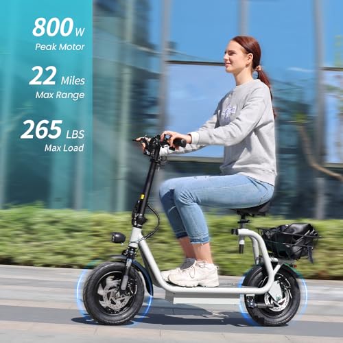 Caroma Peak 800W/1200W Electric Scooter Adults, 30 Miles Max Range, Foldable Electric Scooter with Seat, Front Suspension, Detachable Large Basket,Commuter E-Scooter for Adult and Teens