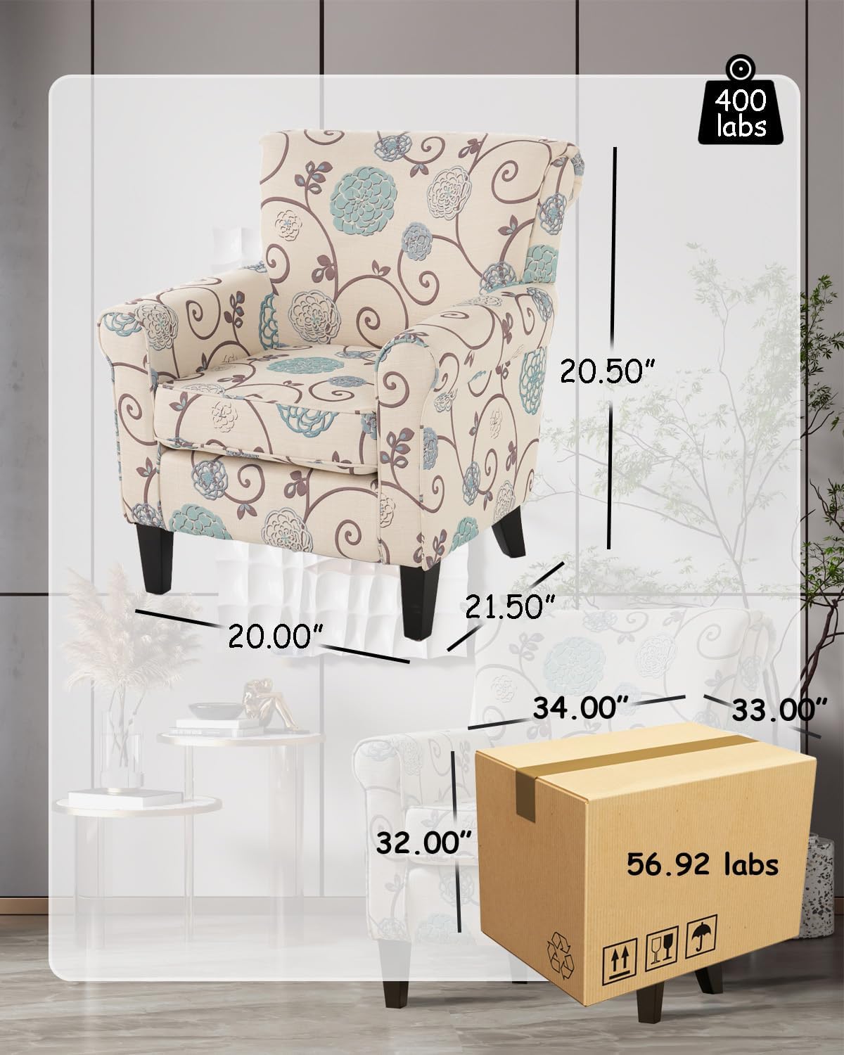 Millies Patterned Fabric Sofa, Modern Chic Couch,Living Room Armchair with Wooden Metal Legs for Bedroom Living Reading Room,White/Blue Crushed Floral Sofa