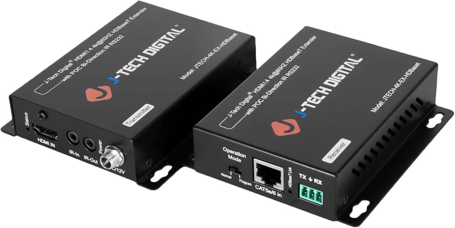 J-Tech Digital 4K Ultra HD HDBaseT HDMI Extender Over Cat5e/6 Ethernet up to 230ft (1080P) 130ft (4K), Supports HDCP 2.2/1.4, RS232, Bi-Directional IR and PoC