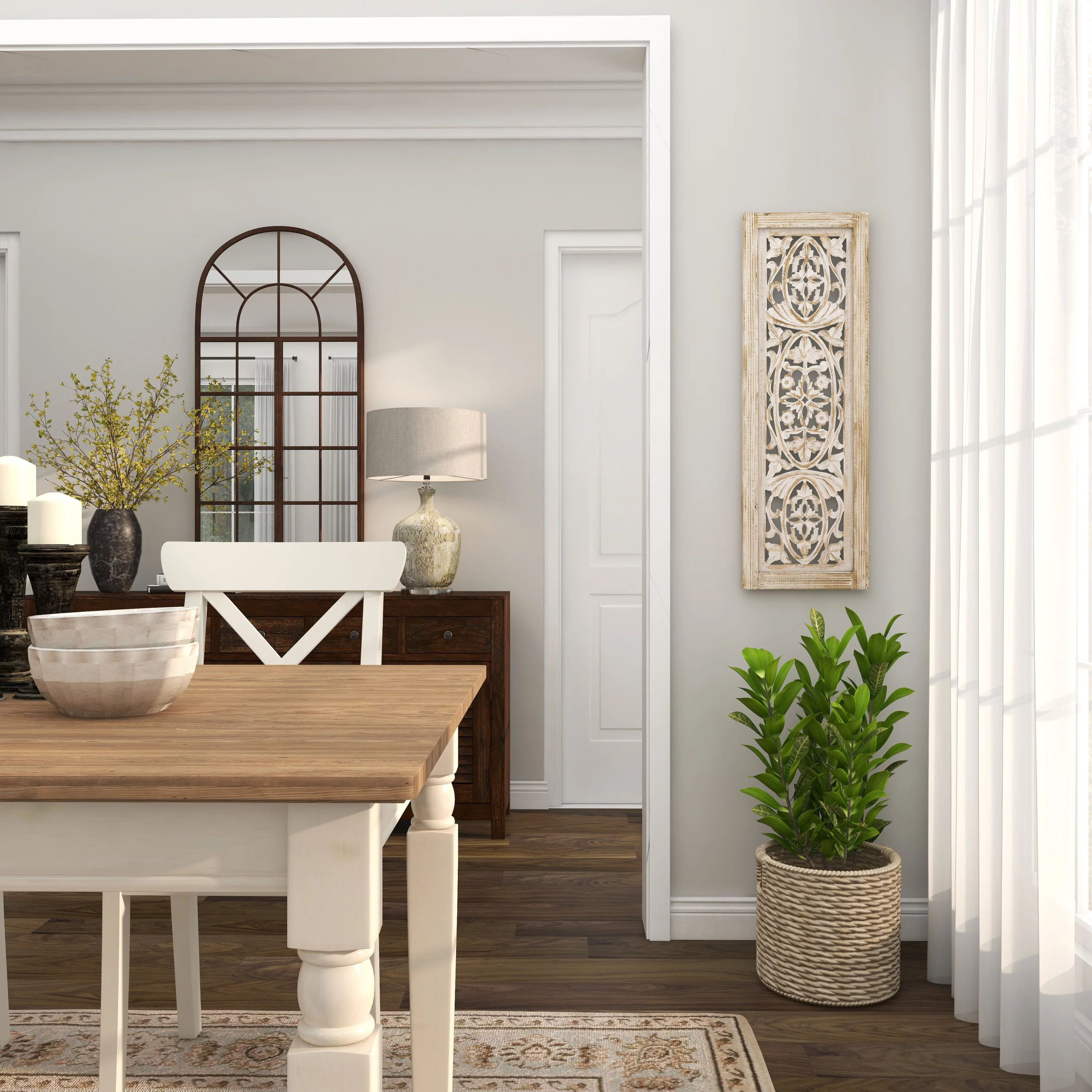 DecMode Neutral Cream/Distressed Wood Traditional Mango Carved Wood Leaves Wall Decor, 12"L x 36"H, 1-Piece