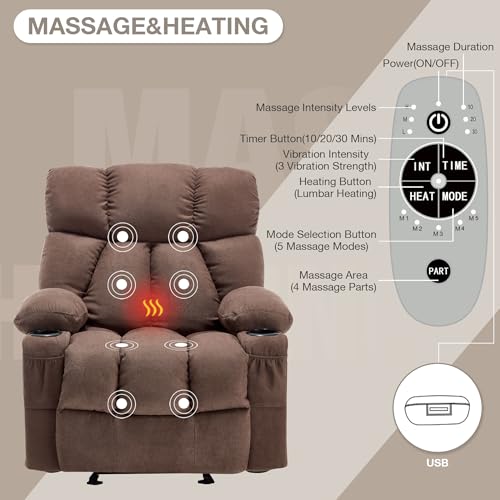 Massage Rocker Recliner Chair with Heat and Vibration Ergonomic Rocking Lounge Chair for Living Room Comfy Overstuffed Recliner with 4 Side Pockets,2 Cup Holders, USB Charge Port, Grey