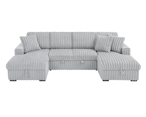 roomfitters U Shaped Sleeper Sofa, 122 Inch Oversized - 2 in 1 Pull Out Bed, Sectional Sleeper Sofa with Double Storage Chaise for Living Room, Rabbit Plush Corduroy Fabric Couch, Grey