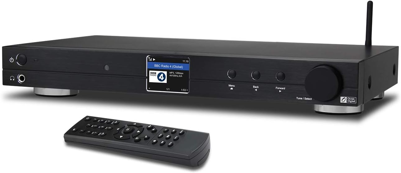 Ocean Digital WiFi Internet Component Radio Tuner (430 mm) WR10 FM/ Ethernet Bluetooth Receiver 2.4" Color Display with Digital Output to Connect Hi-Fi System -Black