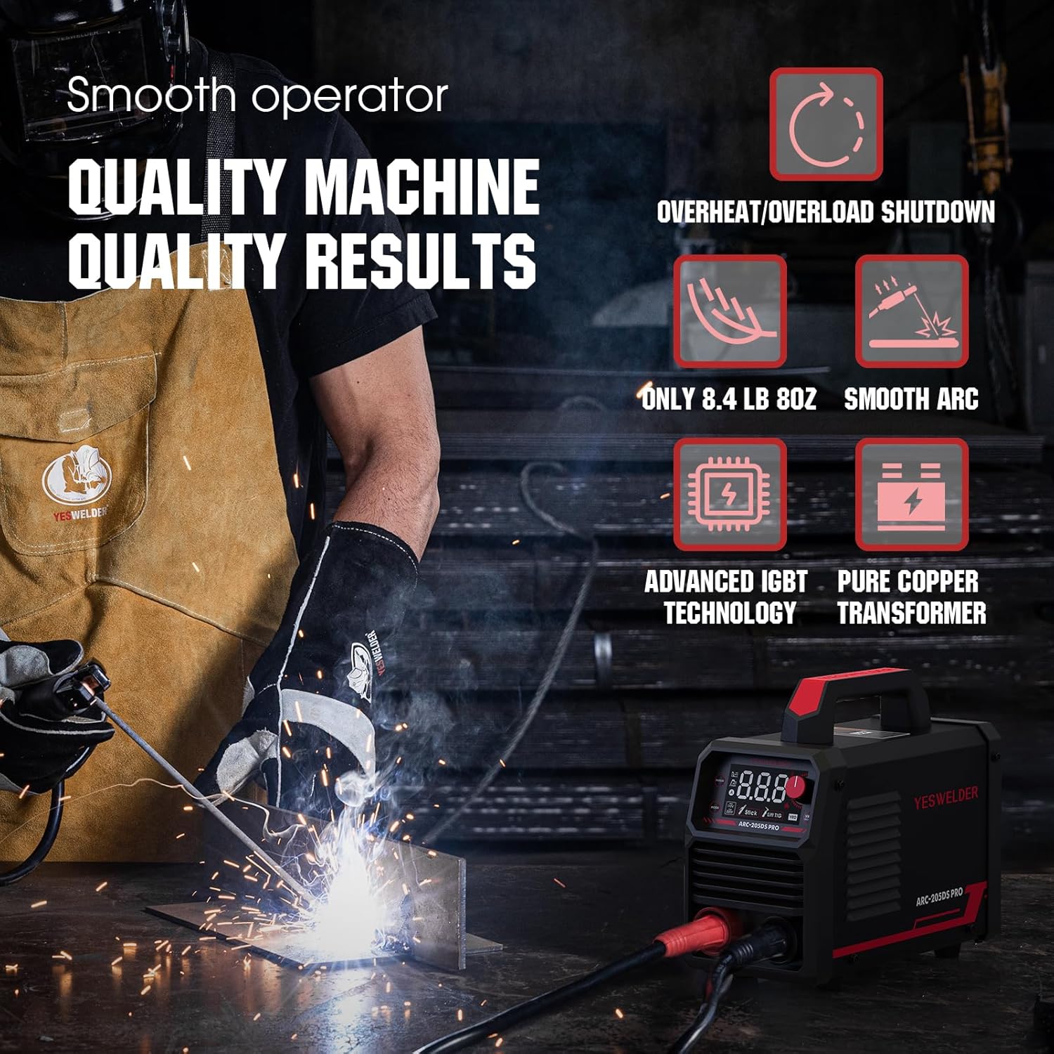 YESWELDER 205Amp Stick Welder with Lift TIG Torch, [Large LED Display] 110V/220V Dual Voltage Portable Welding Machine & Lightweight, Durable Flip Front Welding Hood Helmet