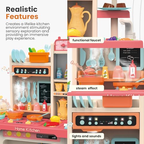 Kids' Play Kitchen Set, 27.95 x 11.22 x 36.81 Inch, 65-Piece Toy Kitchen Playset with Functional Faucet, Realistic Steam Effects, Lights and Sounds, and Other Kitchen Accessories (Blue)