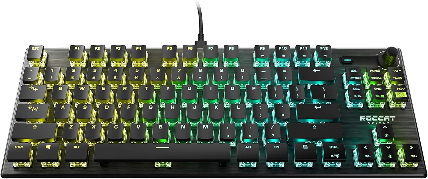ROCCAT Vulcan Pro Tactile Optical PC Gaming Keyboard, Titan Switch Full Size, with Per-key AIMO RGB Lighting, Anodized Aluminum Top Plate and Detachable Palm/Wrist Rest, Low Profile, Black