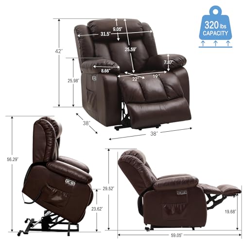 Genuine Leather Infinite Position Dual Motor Large Power Lift Chair Recliner for Elderly with Massage and Heating Lay Flat Electric Power Lift Recliner(Black)