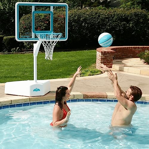 Dunn-Rite Splash & Shoot Outdoor Adjustable Height Swimming Pool Basketball Hoop w/Ball, Base, & 18 Inch Stainless Steel Rim for Adults & Kids, Choose Clear or White (Clear Xtreme Blue)