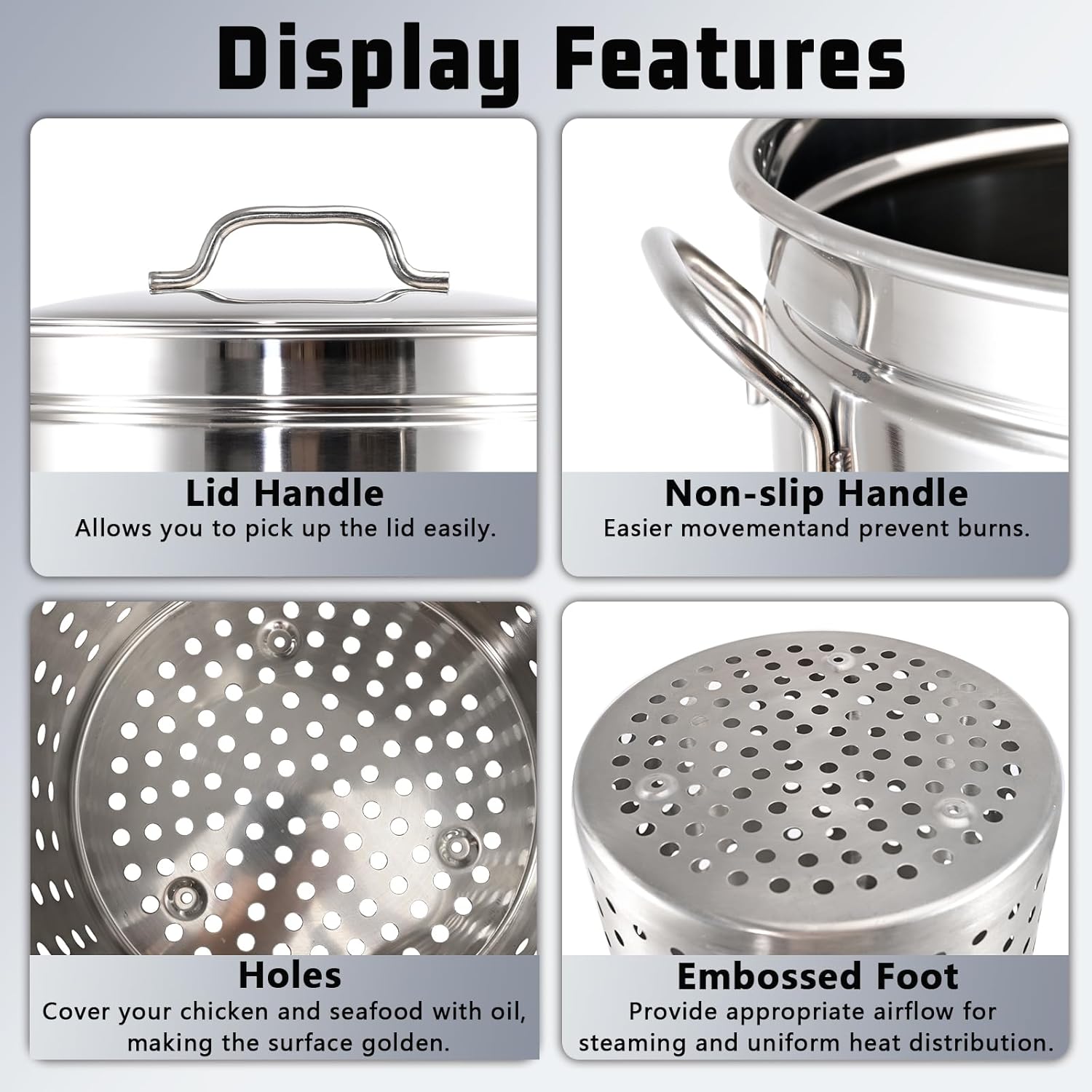 Stainless Steel Cookware Stock pot 44-Quart Outdoor Large Capacity Party Chicken Fish Steamed Seafood Clams Vegetables Multipurpose Stock Pot with Strainer Sturdy Smooth surface Easy to Clean