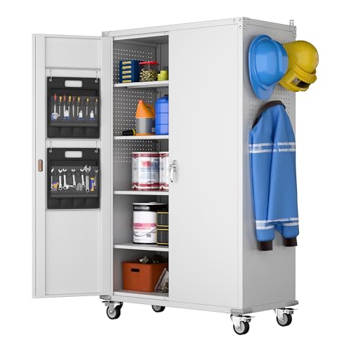 73" H Metal Storage Cabinet with Wheels, Garage Storage Cabinet with 4 Adjustable Shelves and Lockable Doors for Garage Home Office Utility Room,Required Assembly,Black