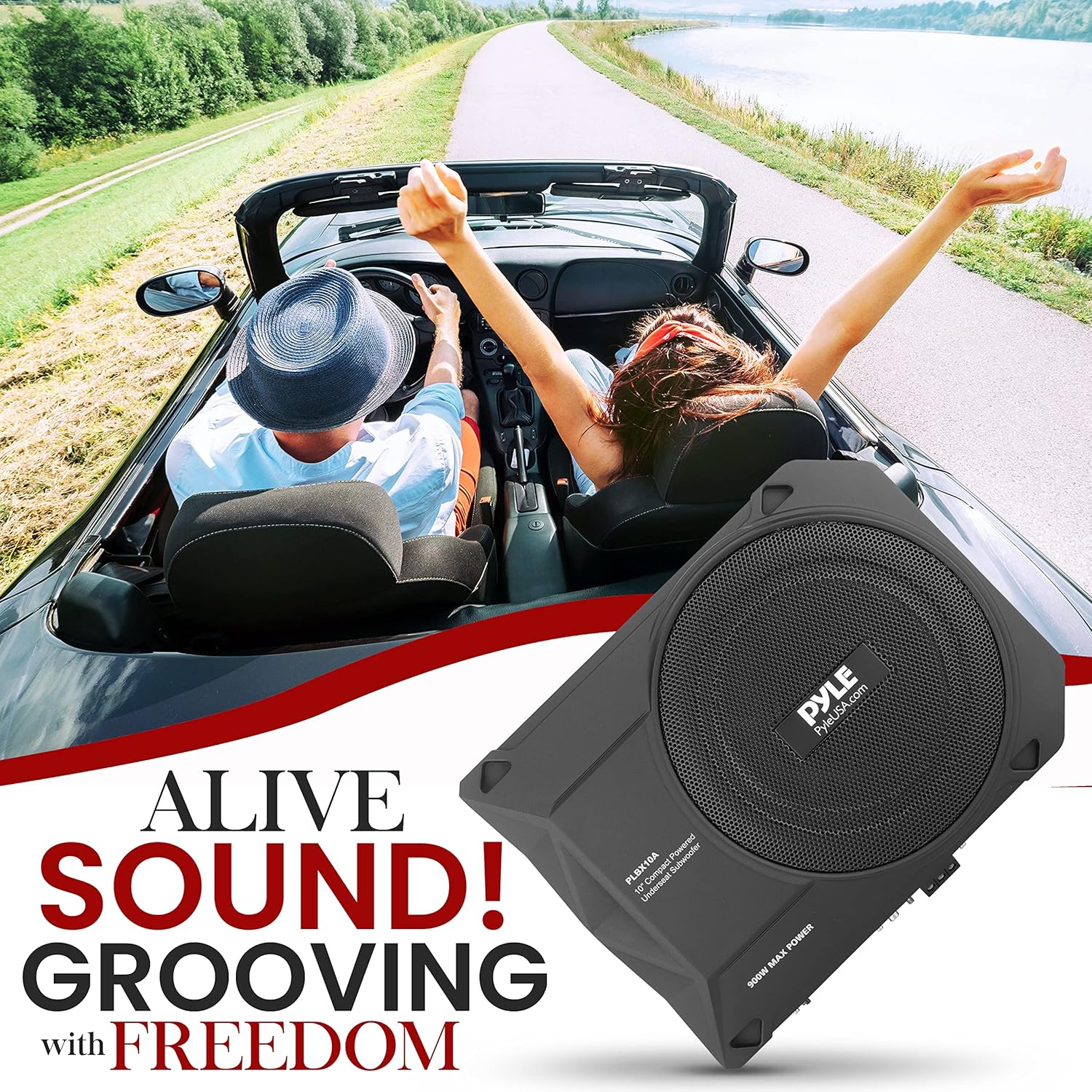 Pyle 10-Inch Low-Profile Amplified Subwoofer System - 900 Watt Compact Enclosed Active Underseat Car Audio Subwoofer with Built-in Amp, Powered Car Subwoofer w/Low & High-Level Inputs - PLBX10A