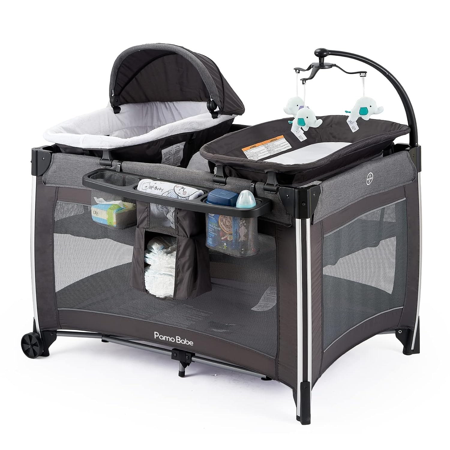 Pamo Babe Deluxe Playard with Foldable Nursery Center, Large Capacity Changing Table, Storage Shelf, Detachable Mattress Nursery Center (Grey)