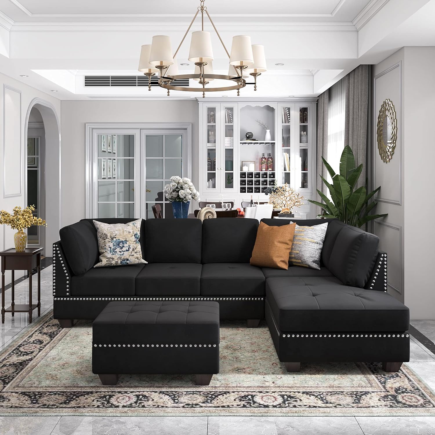 Yoglad Reversible Sectional Sofa with Storage and Chaise Lounge Couch, Wooden Frame L-Shaped Corner Sofa Set with Ottoman, Furniture Set for Living Room (Black)