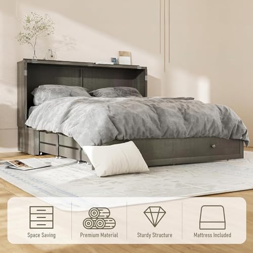 Murphy Bed Queen Cabinet, Pine Wood Murphy Bed,Queen Cabinet Bed with Mattress,Storage Drawer, USB Charging Station,14pcs Auxiliary Wheels for Living Room Apartment (Grey for Queen Size)