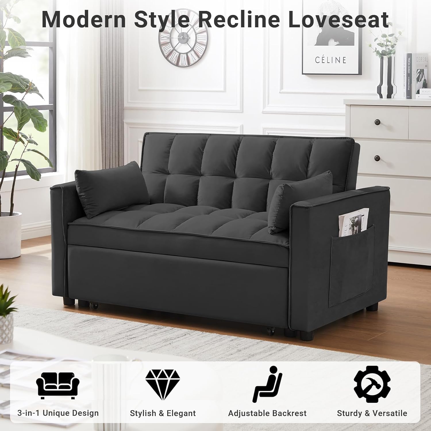 Loveseat 3 in 1 Convertible Sleeper, Modern Pullout Couch Bed, Velvet Chaise Lounge with 2 Pockets and 2 Pillows, Futon Sofa for Living Room Furniture, Black