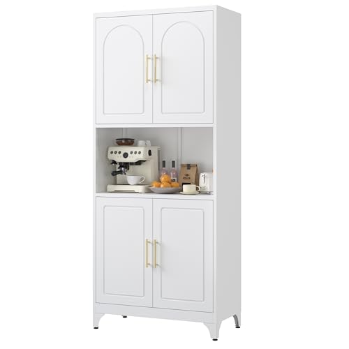 Kitchen Pantry Cabinet with Acrylic Glass Doors, 75" Metal Kitchen Hutch with Countertop, Adjustable Shelves, Freestanding Food Pantry Cabinet for Living, Dining Room, Black, Assembly Required