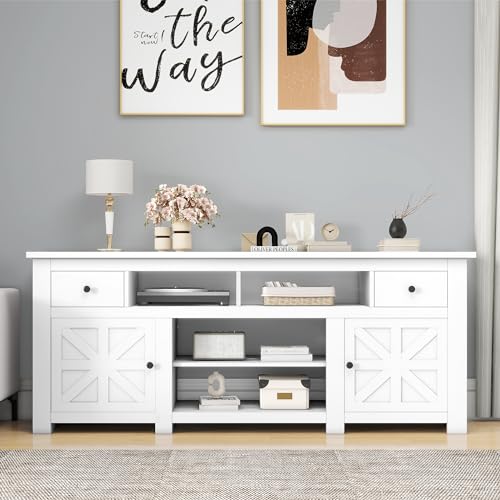 DWVO Farmhouse TV Stand, Entertainment Center with Power Outlet for TVs Up to 80 Inch, TV Console with Movable Partition & Storage Drawer, Rustic TV Stand for Living Room, White