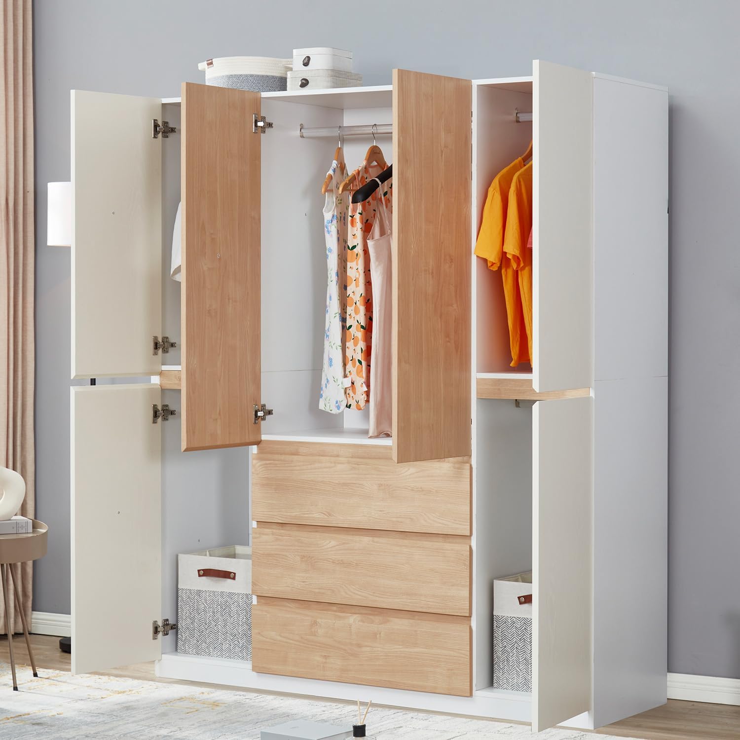 e Armoire Wardrobe Closet 4 Doors, White Wooden Bedroom Closet Freestanding, Clothes Storage Closet Bedroom Armoires, Wood Wardrobe Storage Closet Cabinet with Hanging Rod Shelf Drawers