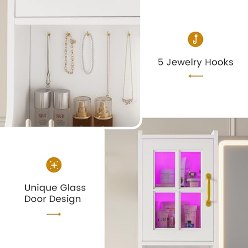 White Vanity Desk with Touch Screen Mirror and Lights, Large Makeup Vanity with RGB Light Cabinets & Charging Station, 6 Drawers, 5 Jewelry Hooks, Vanity Table with Lighted Mirror