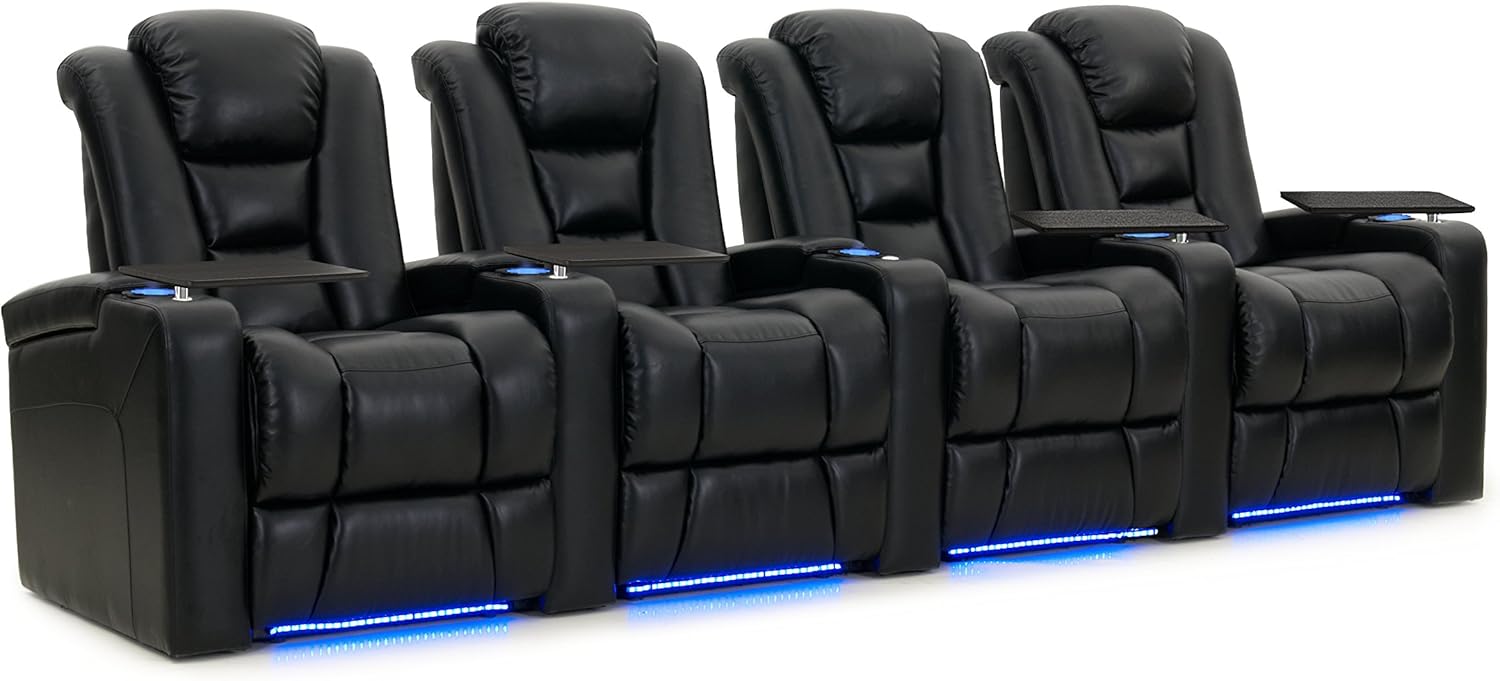 Octane Seating Mega XL950 Home Theater Seats - Black Bonded Leather - Power Recline - Row of 4