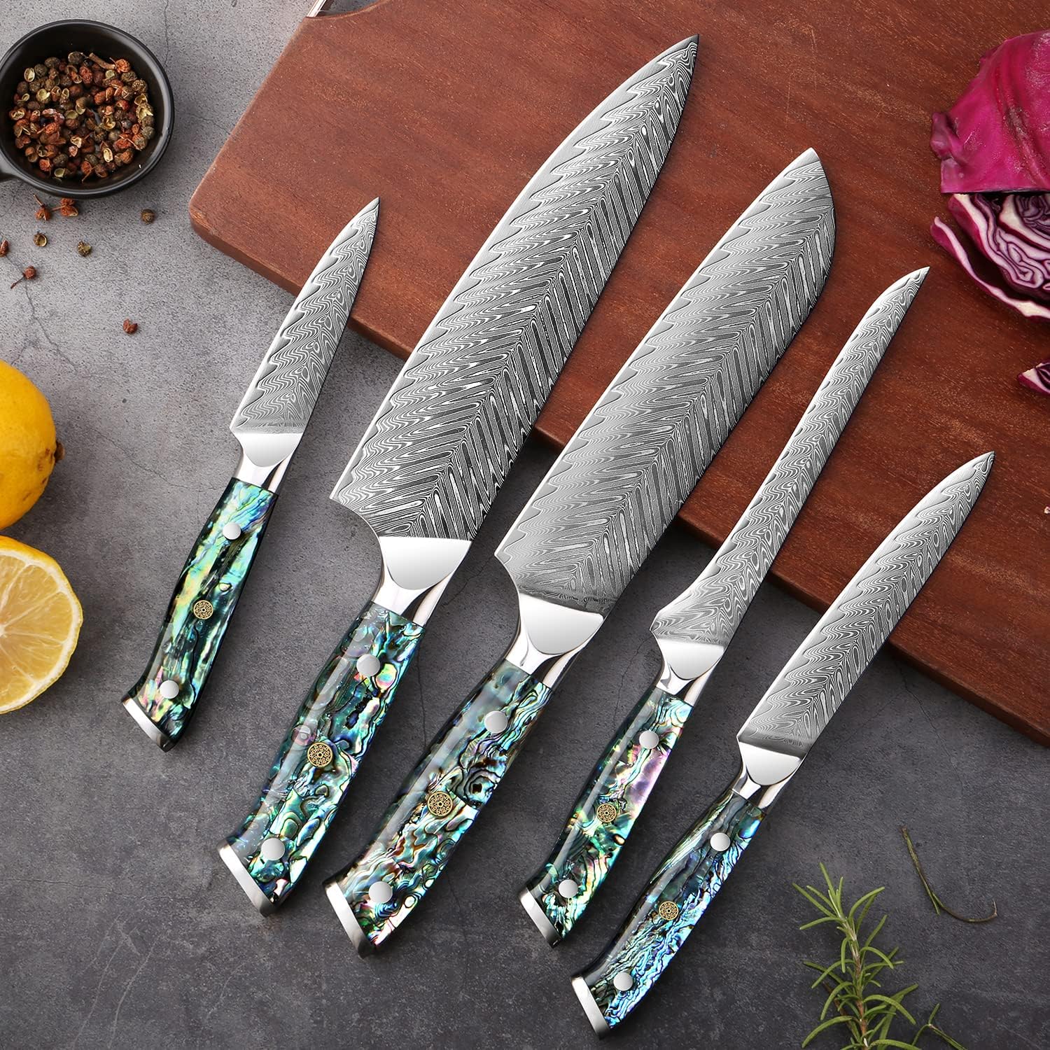 SENKEN 5-Piece Damascus Steel Kitchen Knife Set with Black Walnut Magnetic Knife Block, 67-Layer Japanese VG10 Steel, Real Deep-Sea Abalone Shell Handle, Chef's Knife, Santoku, Paring, Fillet, Utility
