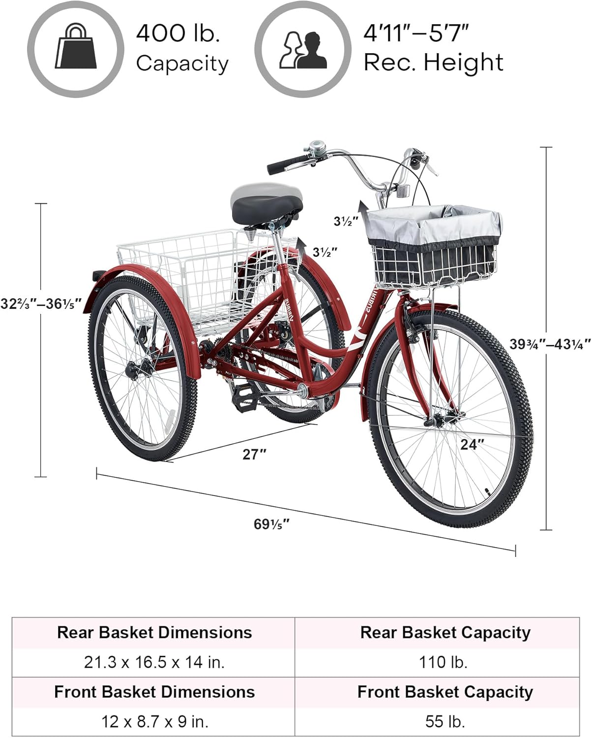 Viribus Adult Tricycle, 7 Speed Tricycle for Adults with Front & Rear Removable Wheeled Baskets, 3 Wheel Bikes for Adults 24 or 26 in, Adult Tricycles for Women Men, Adults Trike 400 lb. Berry Red