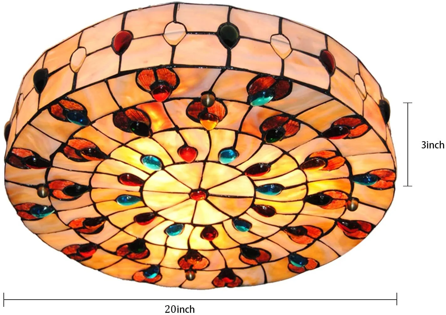 TFCFL Vintage Tiffany Ceiling Light, 20 Inch Flush Mount Stained Glass Hand-Made Art Deco Chandelier Lamp Fixture with Peacock Tail Painting Shade