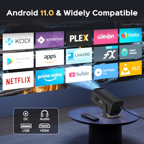 Mini Projector with WiFi and Bluetooth, 180°Adjustable Stand Portable Projector, Support 2.4G/5G WiFi6, 150" Smart Projector with Android TV 11.0, 1080P, Auto Keyston Outdoor/Home Theater, White