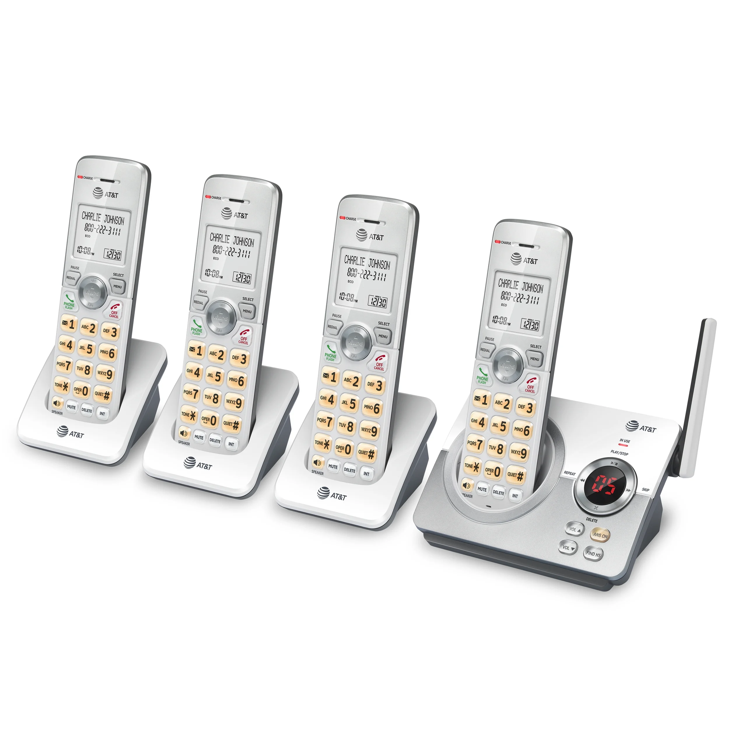 AT&T 4-Handset Cordless Phone with Unsurpassed Range, Answering System and Call Block, EL52429 (White/Silver)