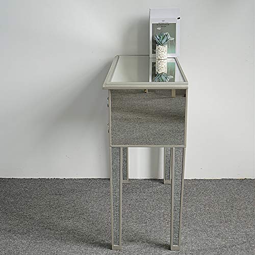 Henf Mirrored Vanity Desk Silver Console Table Sofa Table with 3 Faux Diamonds Drawers, Modern Glass Vanity Table Dressing Table Makeup Stand for Entryway/Foryer/Bedroom/Living Room