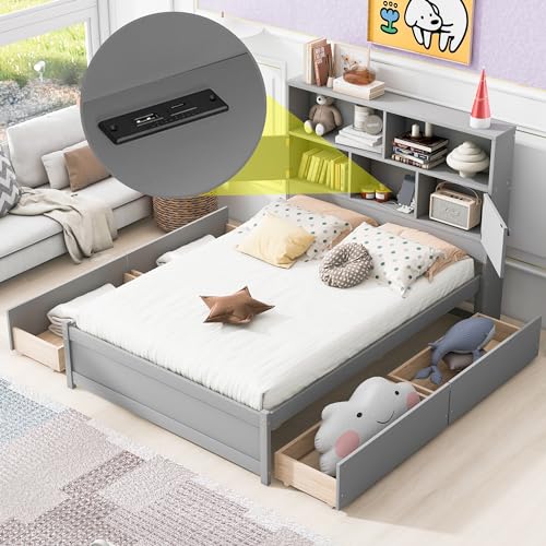 Full Size Platform 4 Storage Drawers, Charging Station & Bookcase Headboard, Wooden Bed Frame for Kids Teens Adults, No Box Spring Needed, Gray