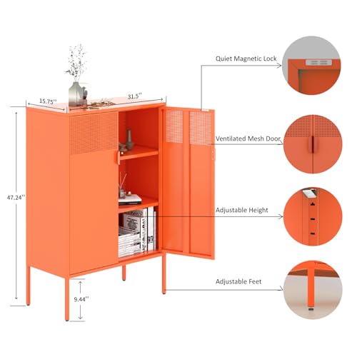 Metal Storage Buffet Sideboard, Adjustable Shelves, Buffet Table, TV Stand, Coffee Bar Cabinet for Kitchen, Living Room (Orange, 47")