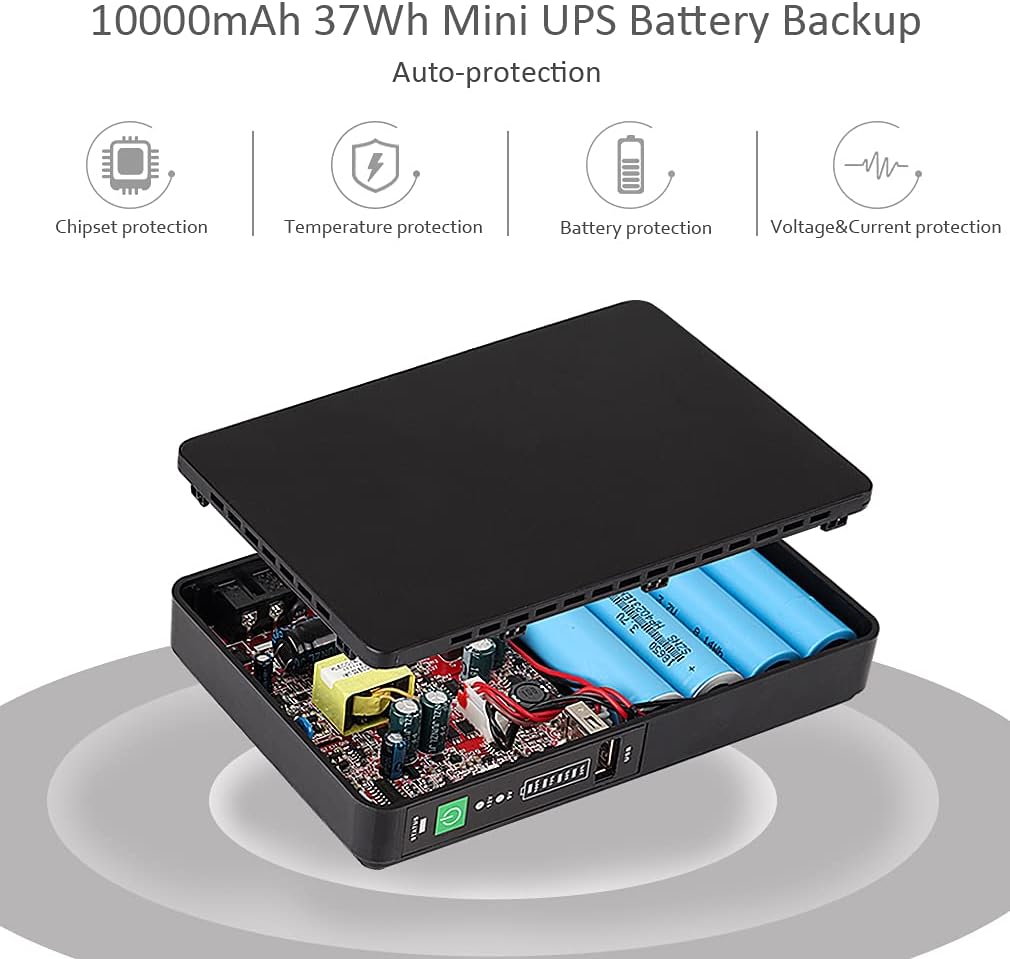 Mini UPS Battery Backup Uninterruptible Power Supply for Router, Modem, Security Camera, Built-in 10000mAh Batterypack with Input AC Output USB 5V DC 9V/12V POE 24V/48V (100Mbps)