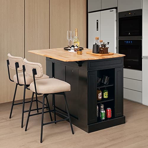 LOKO Kitchen Island with Drop Leaf, Kitchen Storage Cabinet with Rubber Wood Top, 2 Drawers, 5 Adjustable Shelves & Spice Racks, Island Table for Kitchen Home Coffee Bar, 47 x 36 x 36 Inches