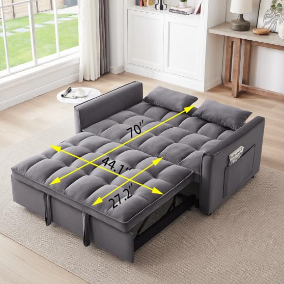 LUMISOL 3 in 1 Sleeper Sofa Couch Bed with Pillows, 55.1” Velvet Convertible Double Sofa Bed with Adjustable Back and Storage Packets, Pull Out 2-Seater Sleeper for Living Room, Blue