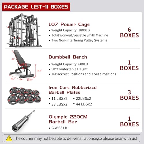 L05/07 Smith Machine，Multi-Function Squat Rack Power Cage with Cable Crossover System,with Weight Bench, Olympic Barbell Weight Set, for Home Gym