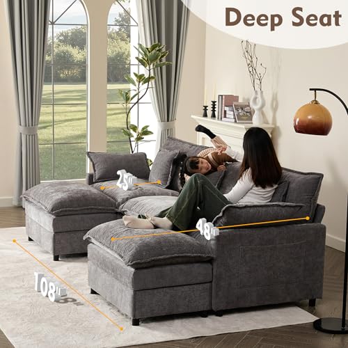 108" U Shaped Couch, Modular Sectional Sofa, 3-Seater Comfy Cloud Couch with Movable Ottoman, Deep Seat Couches for Living Room, Chenille, Black