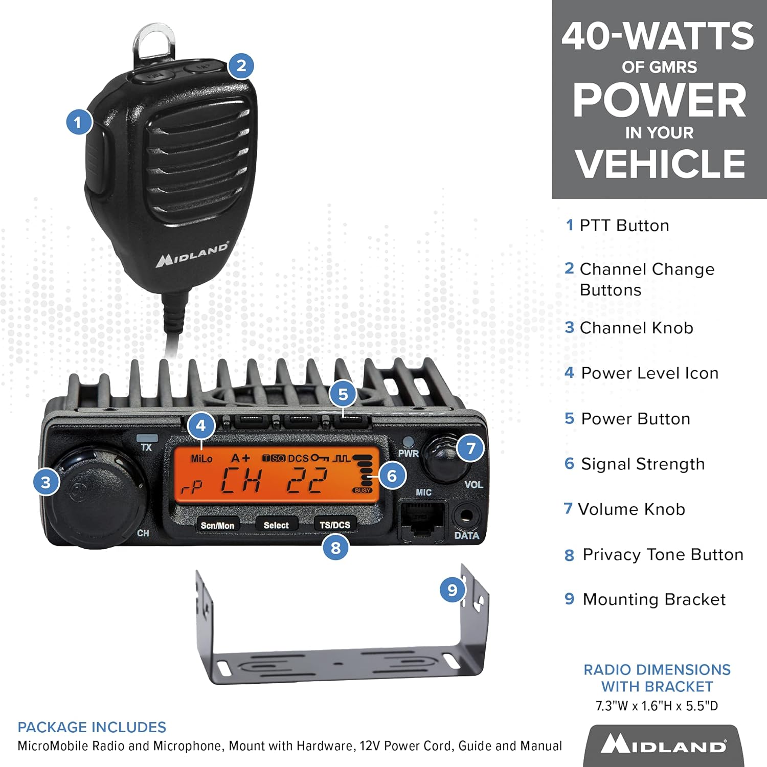 Midland 40 Watt GMRS MicroMobile Two-Way Radio - Long Range Walkie Talkie, 8 Repeater Channels, 142 Privacy Codes